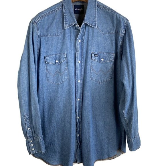 Wrangler Other - Vintage Wrangler Mens 2XL Western Popper Shirt Denim Long Sleeve Pearl Snap